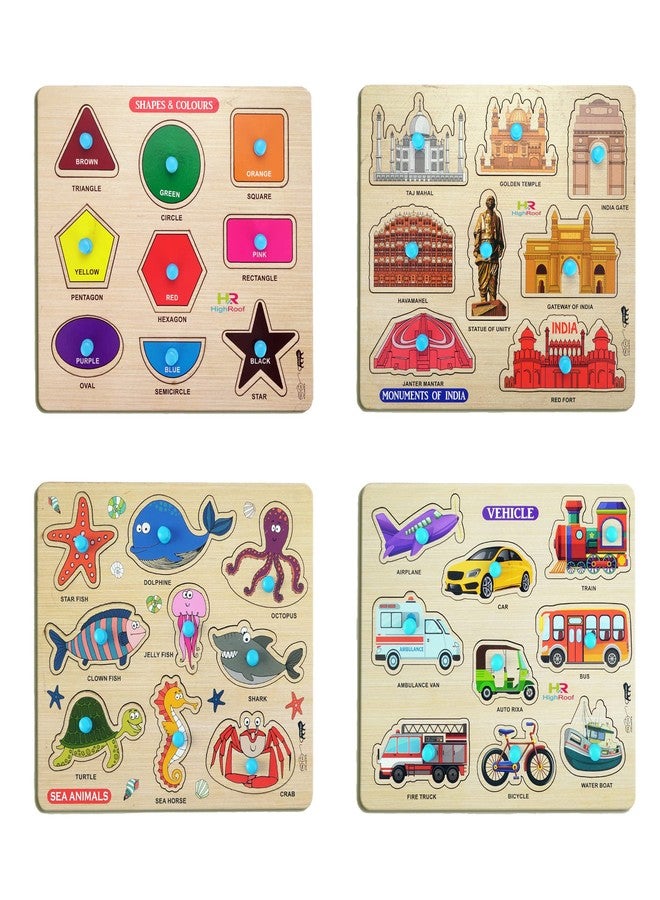 HIGHROOF® Kids Fort Pre Nursery Educational Jigsaw Puzzles for Adults Kids Learning Toys Kit Board Game 4 pcs Set of Shapes & Colours Monuments of India Sea Animals & Vehicle Educational Toy - Image 1